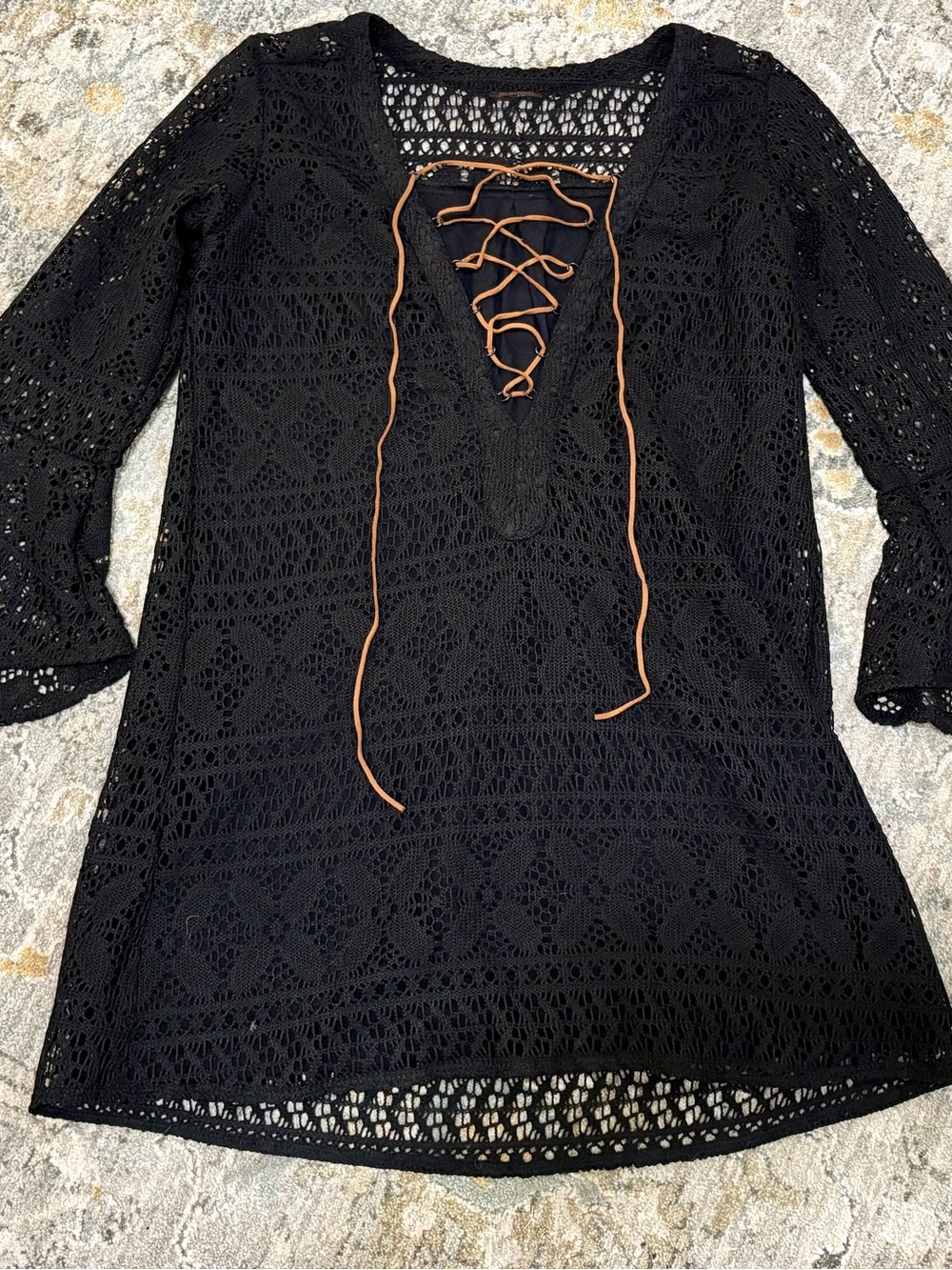 NWOT High Quality Black Lace Bell Sleeve Dress Real Leather Tie Lined
